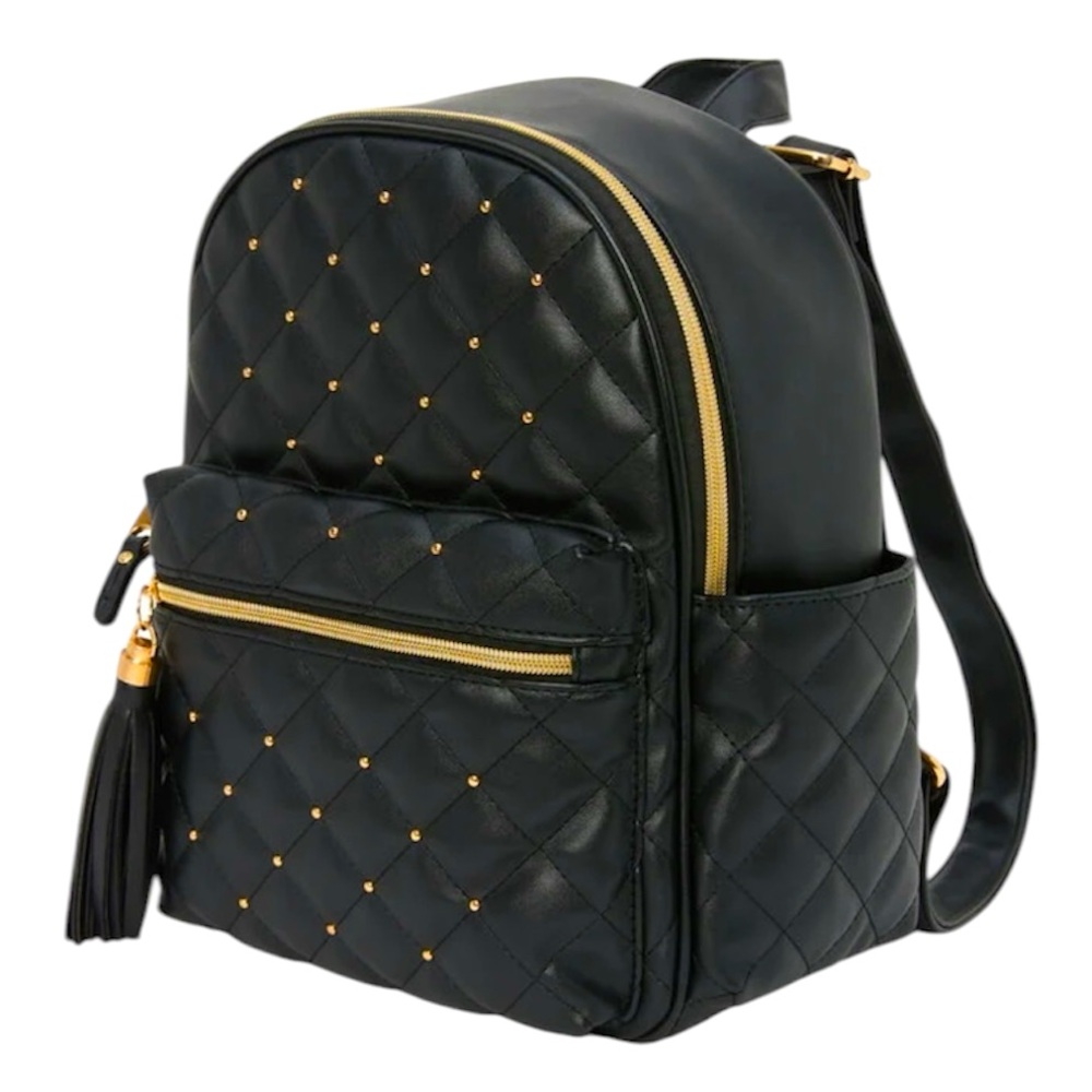 Black Faux Leather Gold Pearl Studded Backpack - NWT